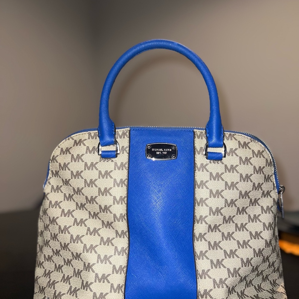 Michael Kors Blue and Cream Satchel with Signature Monogram